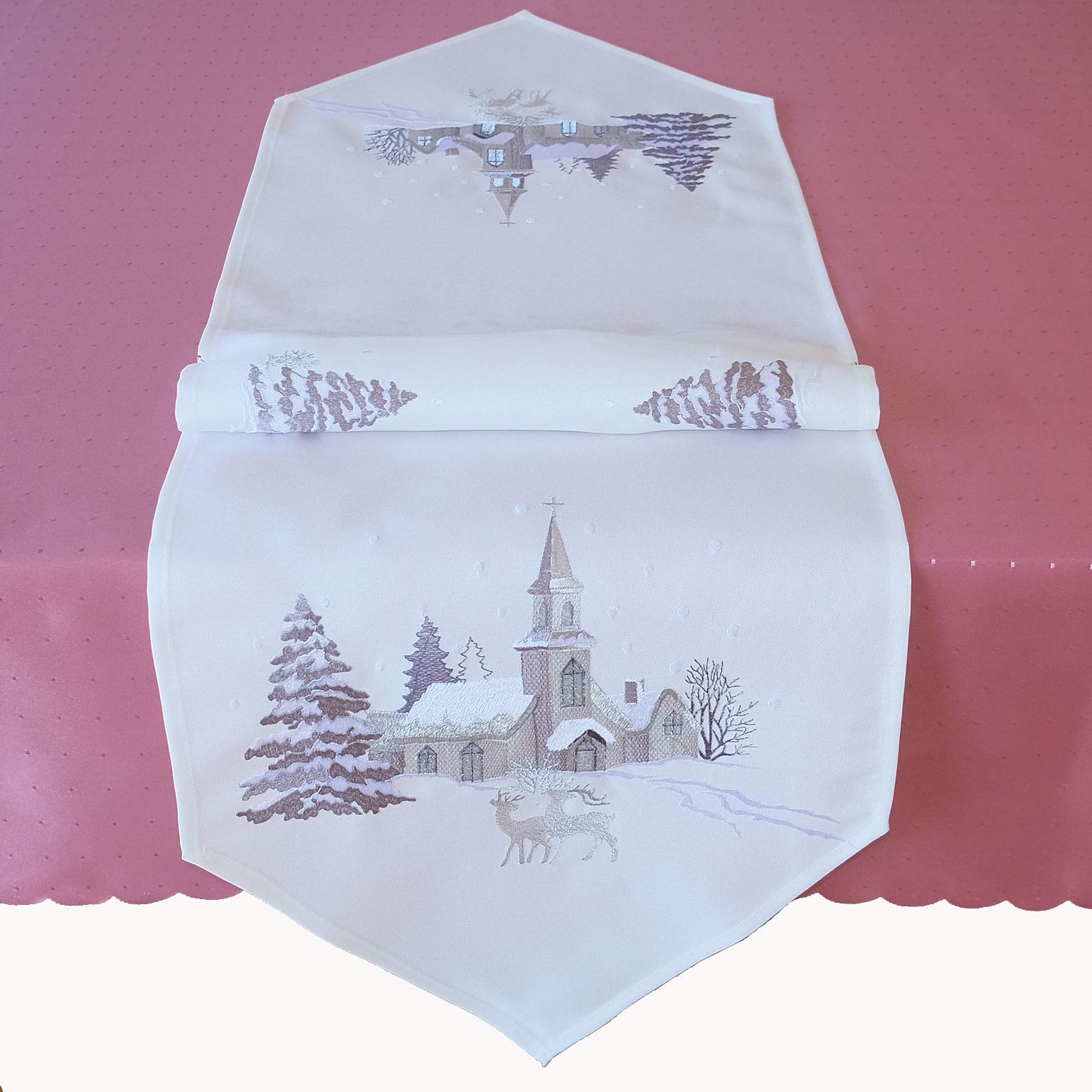Raebel OHG Table Runner Embroidery Christmas Village Church Elk Christmas White Silver Decoration Christmas Tablecloth (40 x 140 cm)