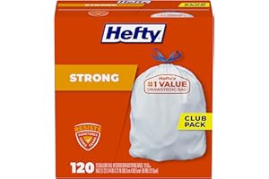 Hefty Strong White 13 Gallon Trash Bags with Drawstrings, Unscented Tall Kitchen Trash Bags, Resists Leaks, Punctures, and Tears, Durable Closure, 120 Ct.