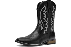 Kitulandy Cowboy Boots For Men Western Fashionable Retro Stylish Embroidered Square Toe Boots Chunky Heel