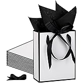 STOBOCTER 12 Pcs Thank You Gift Bags with Handles and Tissue Paper 9 x 7 x 3. 15'' Elegant Welcome Gift Bags with Bow Ribbon for Wedding Bridal Baby Shower Housewarming Birthday Party(White, Black)