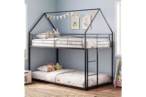 IFANNY Bunk Bed Twin Over Twin with Roof, Heavy Duty Metal Low House Bunk Beds Frame with Ladder and Safety Guardrail, Single
