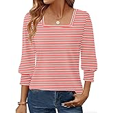 GKBK Womens 3/4 Sleeve Shirts Square Neck Dressy Casual Blouses Spring Summer Smocked Cuffs Tops