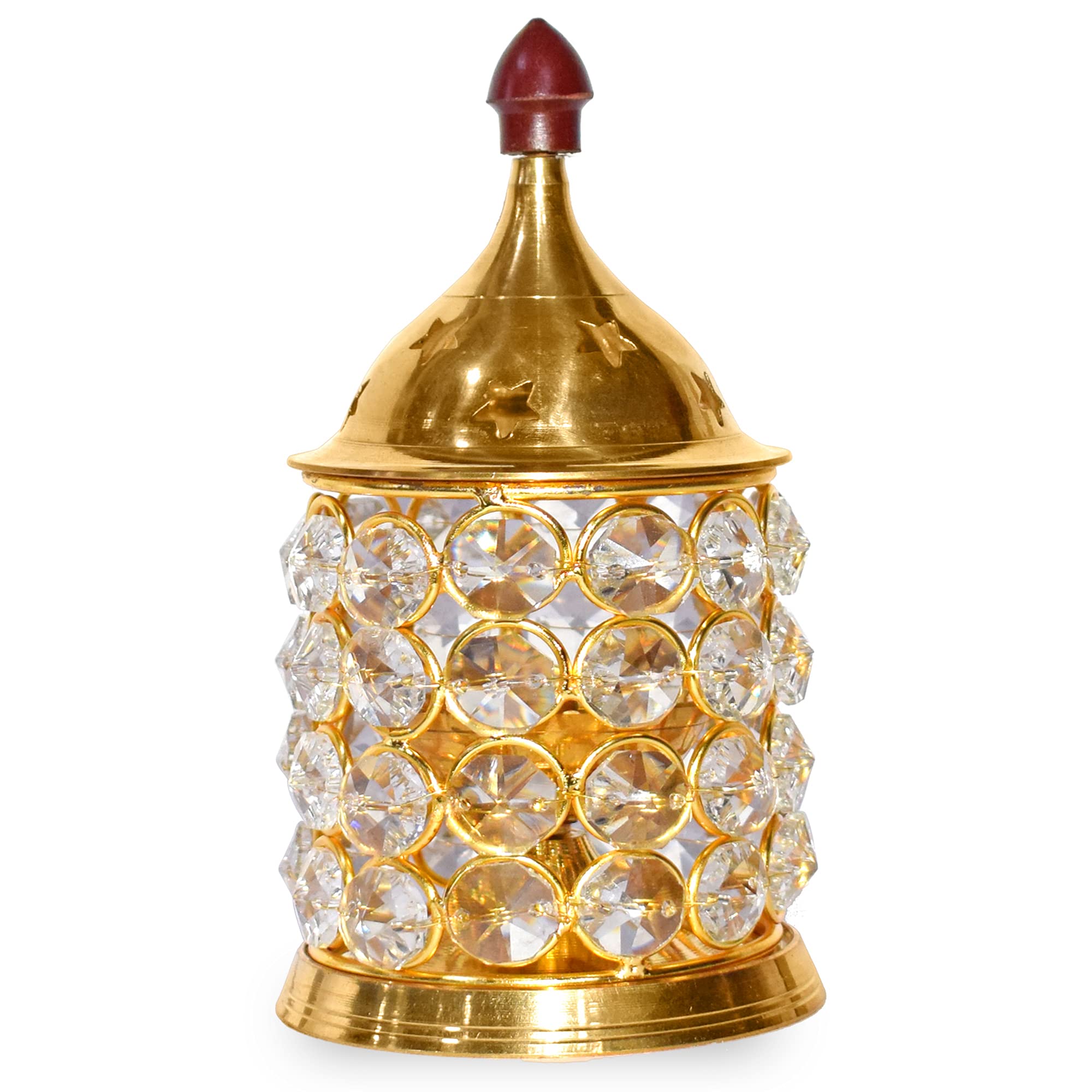 SATVIK 7 Inch Handmade Metal Akhand Crystal Diya Decorative Brass Crystal Oil Lamp Tea Light Holder Pillar Shape Puja Lamp