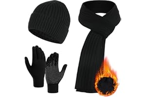 Winter Knitted Beanie Hat Long Scarf and Touchscreen Gloves Set Unisex Warm Fleece Lined Beanie Gloves Scarf for Women Men