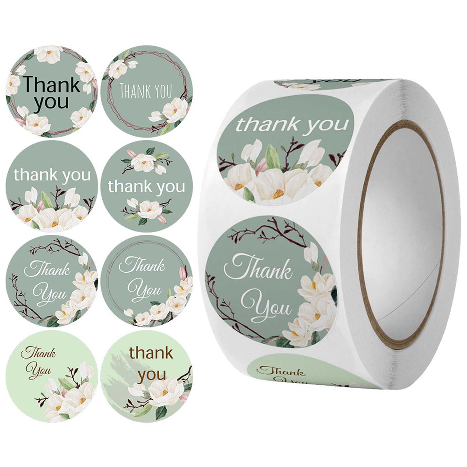 Photo 1 of 500 Green Floral Thank You Label Stickers - 8 Designs, 1 Inch, Self-Adhesive for Baking & Packaging