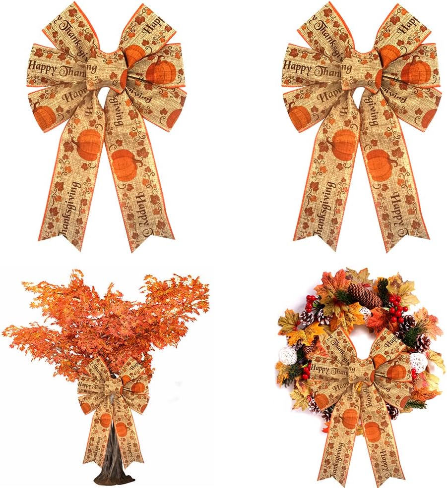 Bows & Ribbons - 2PCS Fall Bow for Wreath, Burlap Thanksgiving Wreath Bow for Fall Décor Pumpkin Orange Bow for Front Door Indoor Outdoor Wall Tree Topper Decoration Supplies Autumn Thanksgiving Ornament