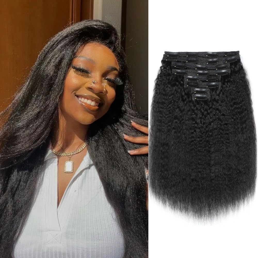 YDDM Kinky Straight Clip ins Real Human Hair Clip in Hair Extensions for Black Woman Full Head Brazilian Virgin Human Hair Natural Black Double Weft Clip ins 18 Inch 120g 8pcs 20Clips