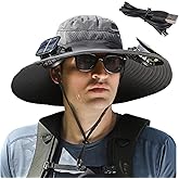 Solar Fan Hat, Wide Brim Sun Hat with 2 Solar Fan, Hat with Solar Fans Built in, Fishing Hat with Fan for Men, Waterproof Outdoor Hiking Camping Fishing Hat Grey