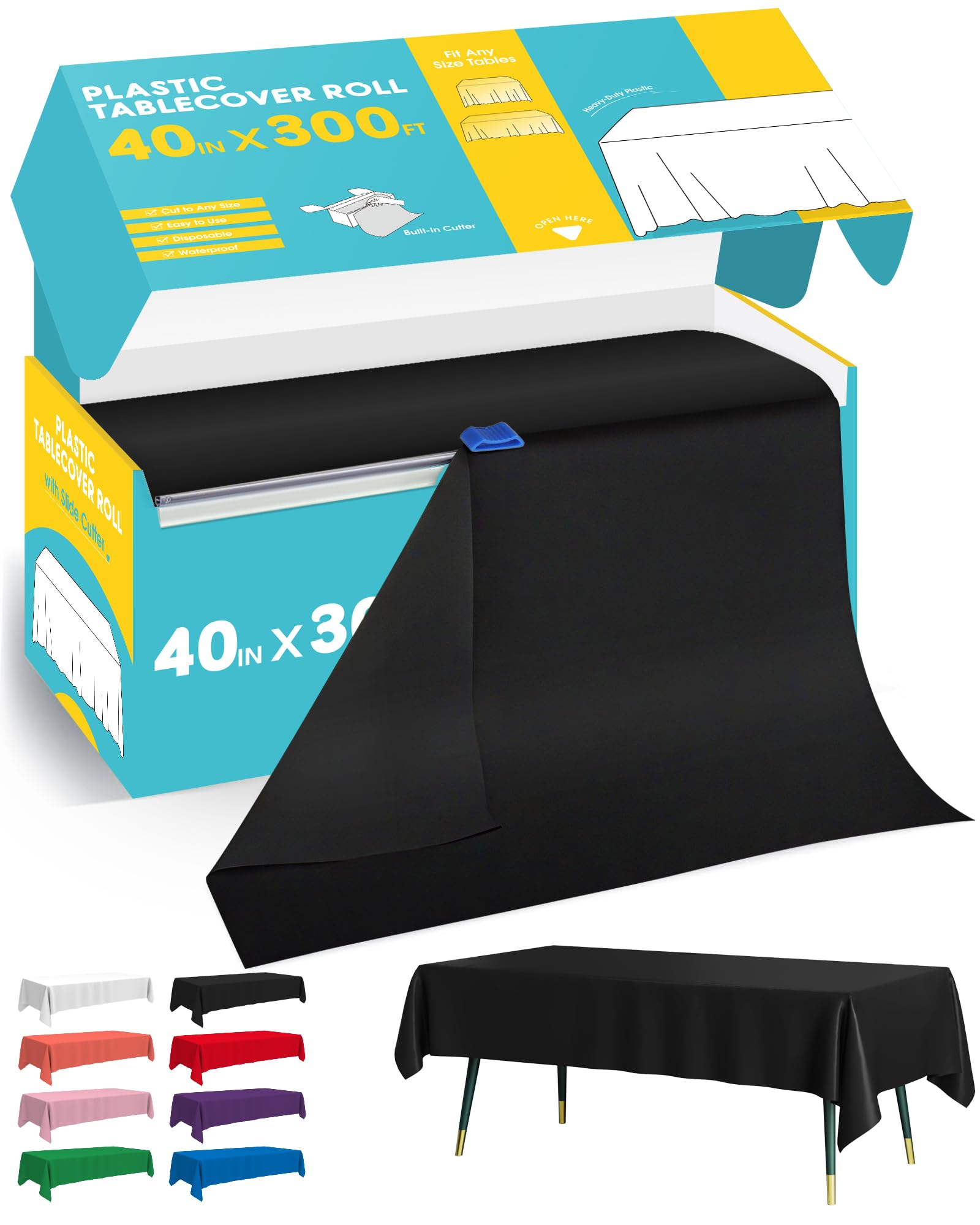 Niuara Black Plastic Table Cover Roll - 40IN x 300FT, Table Cloth for Rectangle Table with Slide Cutter, Plastic Table Cloth Disposable with Cut-to-Size Design for Weddings, Banquets, Parties Image