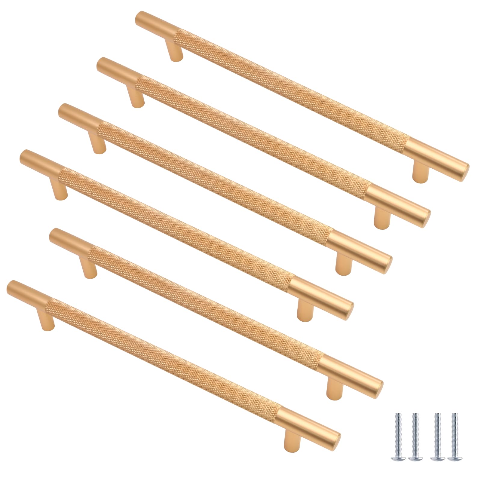 Cjueiom 6 Pack Gold Cupboard Handles, 192mm Hole Center T Bar, Knurled Drawer & Long Wardrobe Door Pulls with Diamond Pattern for Bedroom Drawer & Kitchen Cabinet — image 1
