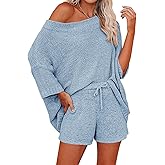Ermonn Womens 2 Piece Outfits Sweater Sets Off Shoulder Knit Tops Waist Short Suits Casual Pajama Set