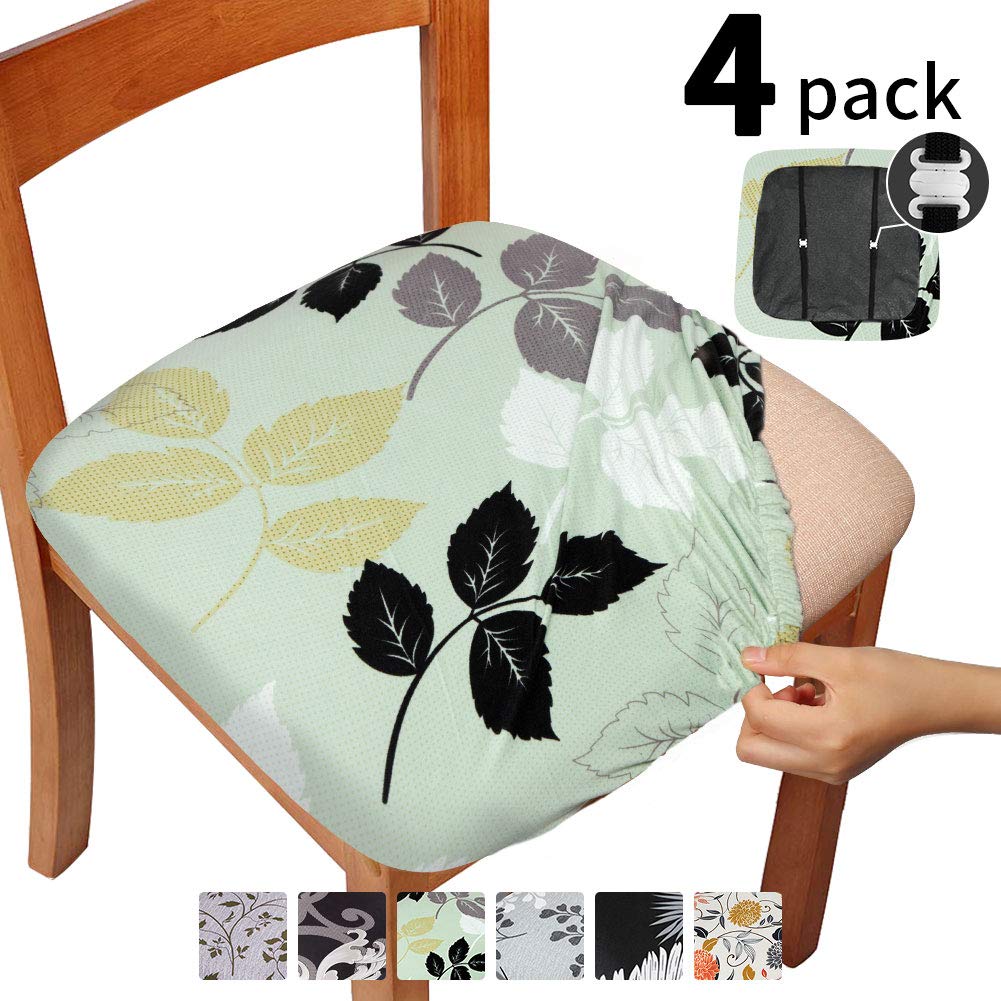 Gute Stretch Printed Chair Seat Covers with Elastic Ties and Button, Removable Washable Dinning Upholstered Chair Protector Seat Cushion Slipcovers for Dining Room, Office - Set of 4, Green Leaves