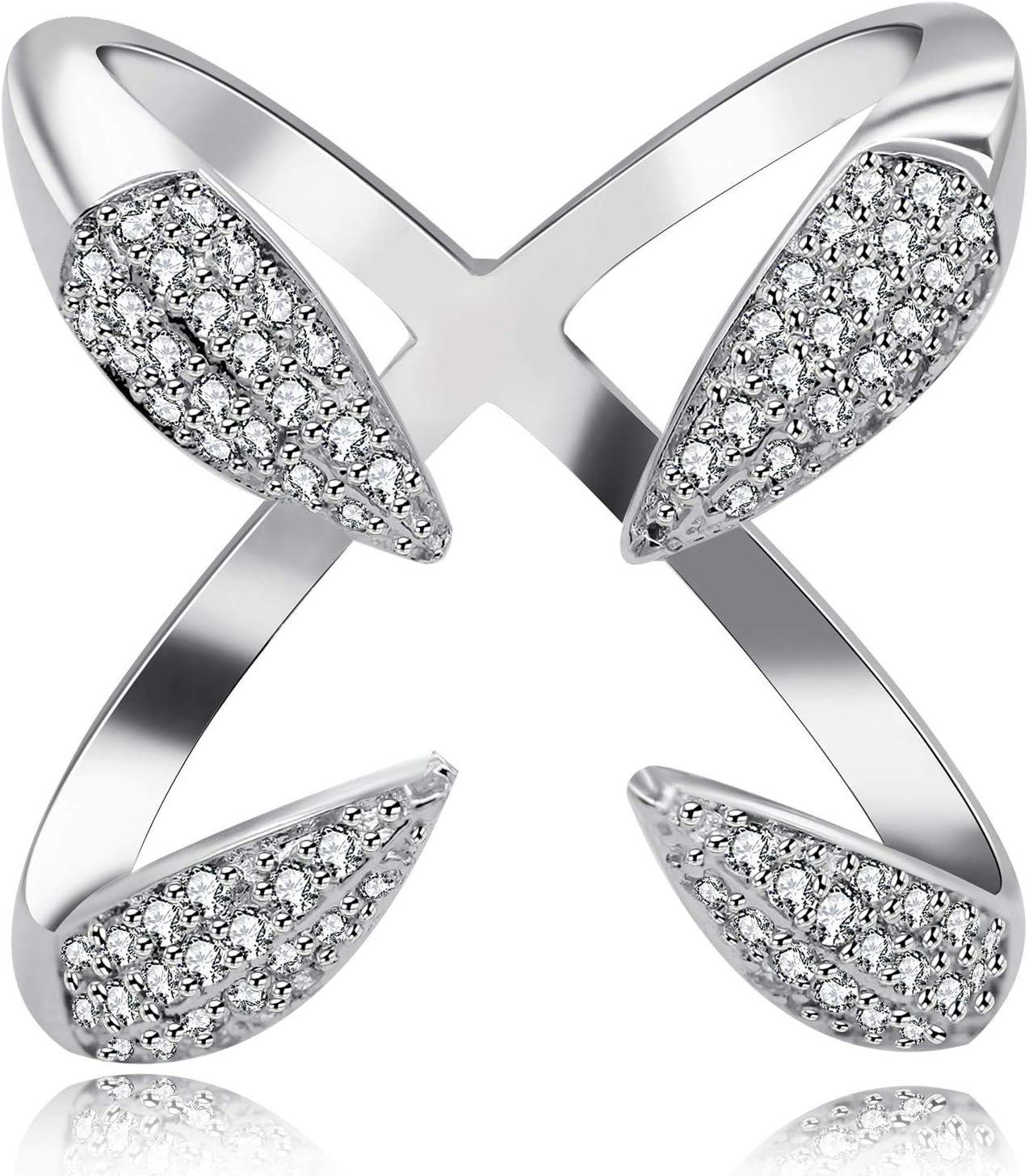 Cubic Zirconia X-Ring 4 Claws Crisss Cross Open Rings Platinum Plated Free Size Statement Ring for Women Y447
