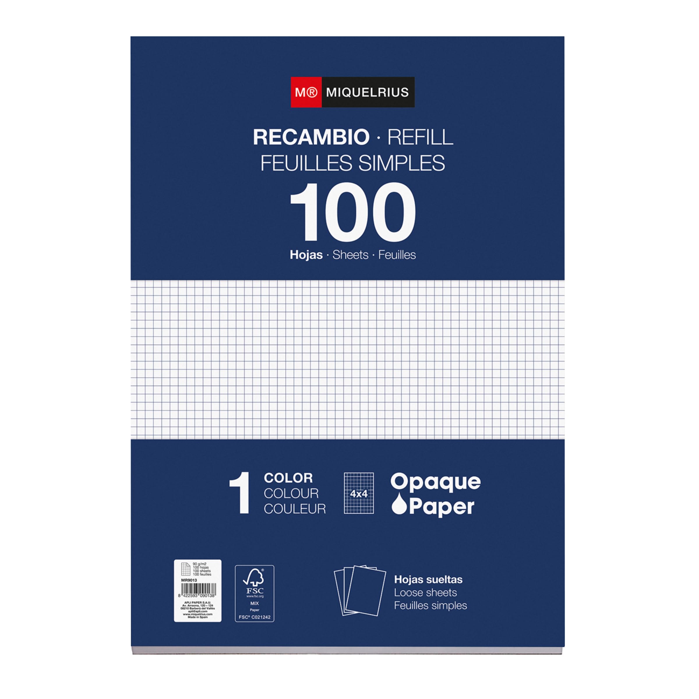 Miquelrius Refill 100 Sheets, 4 mm Grid, A4 Size, 4 Drills, 90 gr Paper Without Drills A4