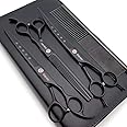 Kingstar 8.0in. Matt Black Professional Pet Grooming Scissors Set,Straight & Thinning & Curved Scissors Set with Comb,Dog Grooming,A559