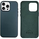 SUFAZ Real Leather Case for iPhone 15 Pro Max – Slim MagSafe Compatible Cover with Metal Buttons & Refined Leather Finish – (Sequoia Green)