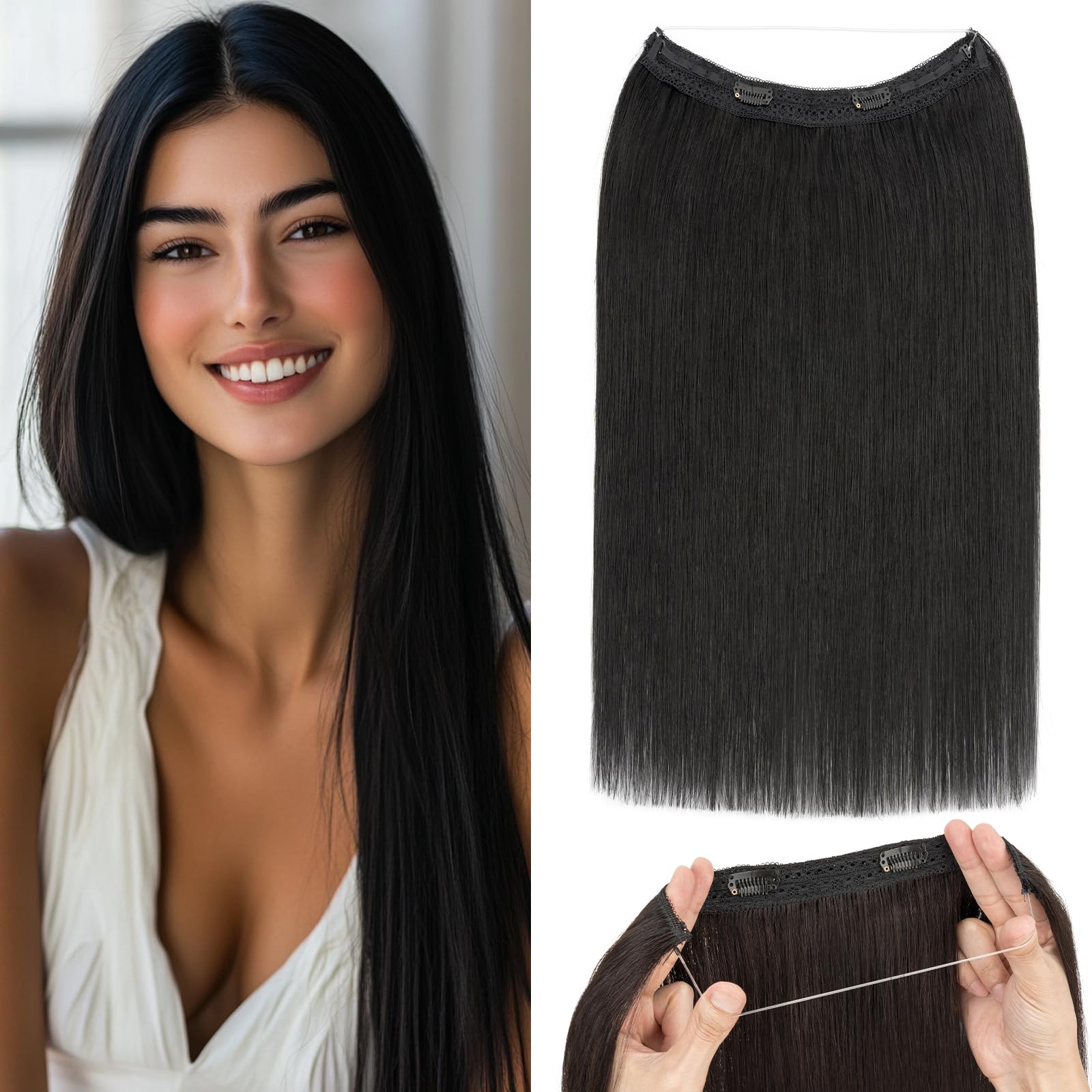 Rich Choices Halo Hair Extension 18 Inch Human Hair Extensions Clip in Invisible Wire Hair Straight Remy Human Hair Halo Seamless One Piece Clip in, 65g #1 Jet Black — image 1