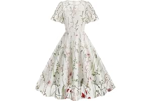 IWEMEK Women Keyhole Floral Embroidery Dress Sheer Mesh Illusion Vintage Cocktail Swing Dress Wedding Party Prom Tulle Evening Dress