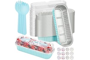 ylnurac 100Pack Mini Loaf Pans with Lids and Spoons and Stickers Individual Mini Cake Pans Disposable Portable Stackable, 6.8Oz Aluminum Pans Tins, Dessert Cups Containers for Sales,Party Sky Blue