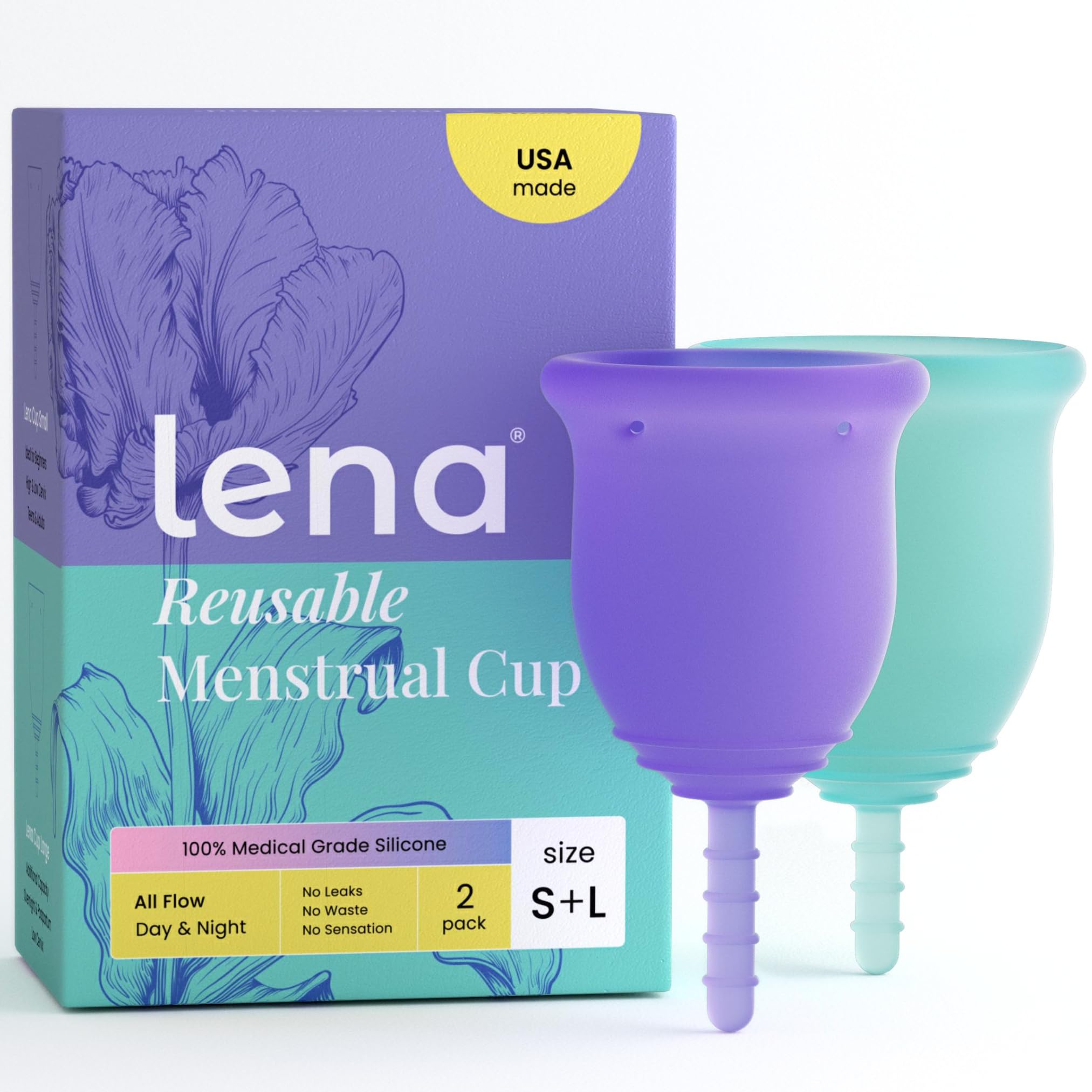 Lena Menstrual Cups, Reusable Period Cup, Tampons,Period Underwear and Menstrual Pads Alternative, Feminine Care, FSA Eligible, Silicone Menstrual Cup, Made in USA, Small & Large, Purple & Turquoise