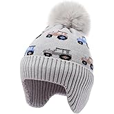 Kids Beanie with Ear Flaps for Boys Girls Pom Knit Hats Fleece Lining Winter Outdoor Skull Snow Ski Cap Age 2-10