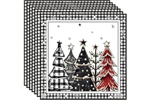 40-Pack Buffalo Plaid Christmas Paper Napkins Christmas Trees Design 6.5x6.5 Black and White Disposable Guest Towels with Red