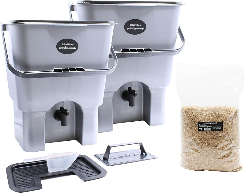 Gardening Naturally Bokashi Bin Set of 2 with 1 kg Bokashi Bran 15L each