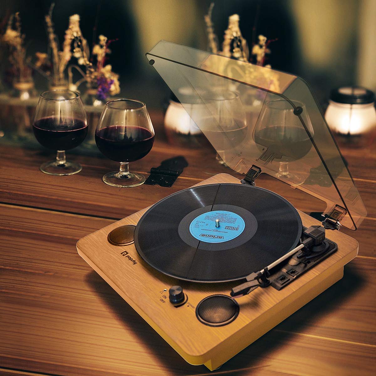 Vinyl Record Player, Popsky 3-Speed Turntable Bluetooth Record Player with Speaker, Portable LP Vinyl Player, Vinyl-to-MP3 Recording, 3.5mm AUX & RCA & Headphone Jack, Natural Wood