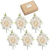 Qeedy Ivory Rose Boutonniere Set of 6 for Men – Artificial Wedding Lapel Flowers Perfect for Groom, Groomsmen, Prom, Homecoming, Formal Events – Gift Box Included