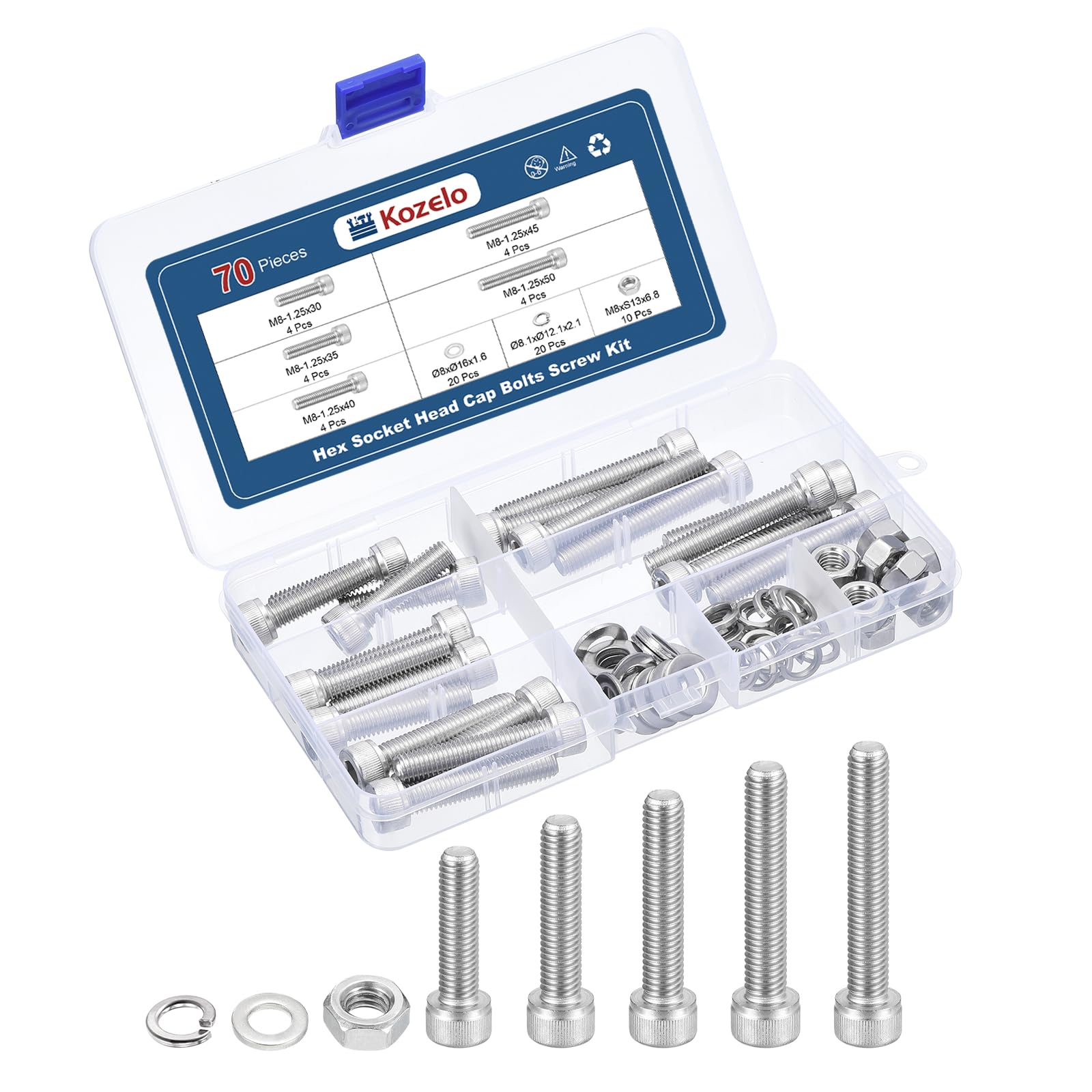 Kozelo 70pcs M8 Socket Head Cap Screws Bolts Nuts Assortment Kit - [M8x30/35/40/45/50mm] 304 Stainless Steel Allen Socket Drive for 3D Printer