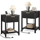 Night Stand Set 2, Fluted Wood Nightstands w/Charging Station for Bedroom | Black, Storage Drawer, Open Shelf, Metal Silent R
