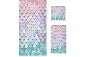 Naanle Beautiful Rainbow Mermaid Scales Soft Luxury Decorative Set of 3 Towels, 1 Bath Towel+1 Hand Towel+1 Washcloth, Multipurpose for Bathroom, Hotel, Gym, Spa and Beach