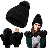 Chicingyou Winter Beanie Hat Gloves Set Furry Hat with Yarn Pom Warm Skull Cap Soft Gloves for Women