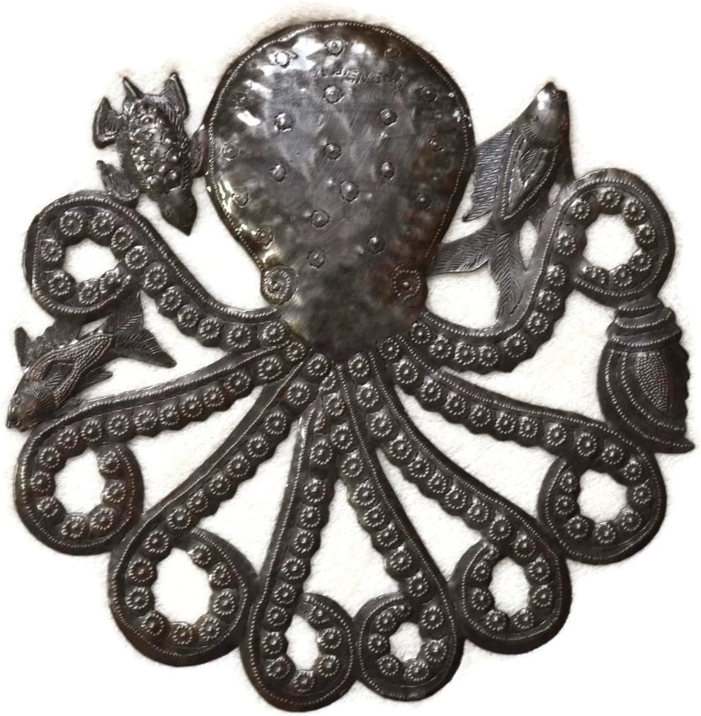 Mini Octopus Sealife Wall Home Decor, Recycled Metal Art, 11.5 x 12 Inches