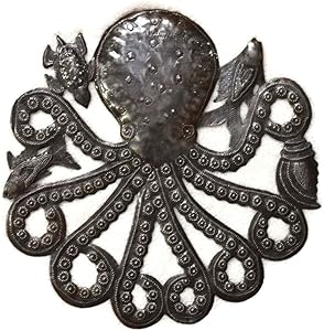 Mini Octopus Sealife Wall Home Decor, Recycled Metal Art, 11.5 x 12 Inches