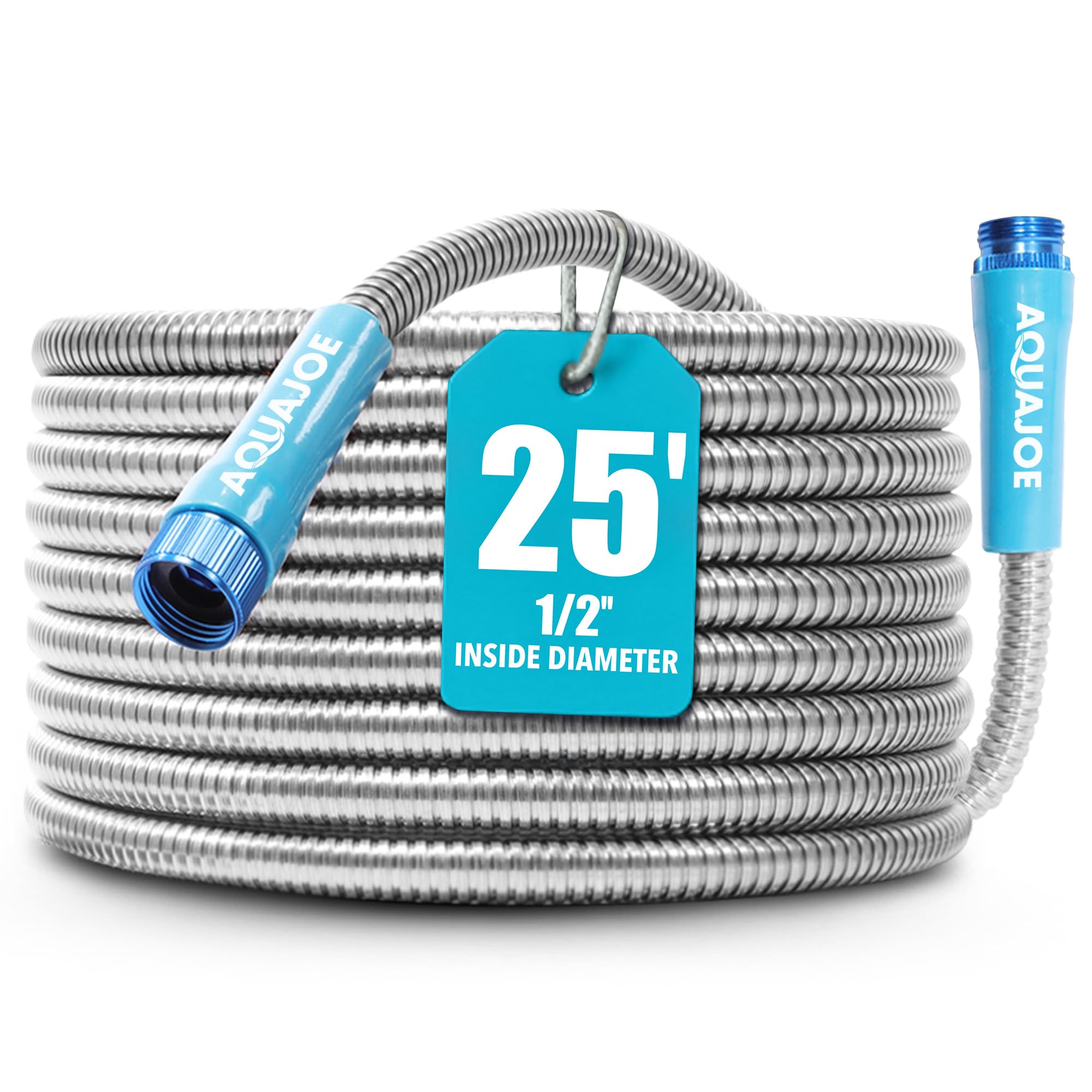 Aqua Joe AJSGH25 1/2-Inch Heavy-Duty, Puncture Proof Kink-Free, Spiral Constructed 304-Stainless Steel Metal, Garden Hose, 25-Foot