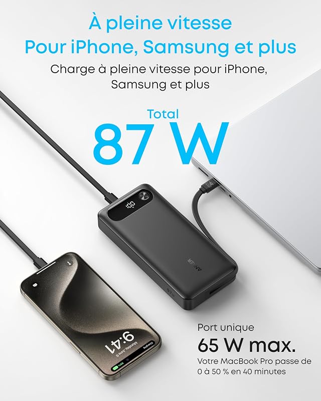 Batterie Externe 20000 mAh 87W Max avec Câble USB C Intégré