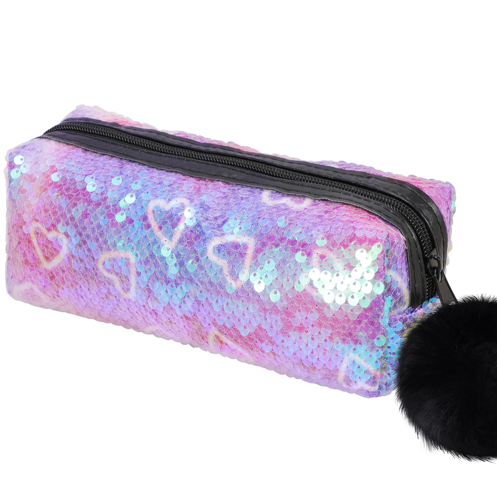 PHOGARY Sequin Preppy Pencil Case for Girls, Secondary School Pencil Bags with Fluffy Zipper, Pencil Pouch Holographic Pen Case Organizer for Students, Women Glitter Makeup Pouch (Purple,Heart)