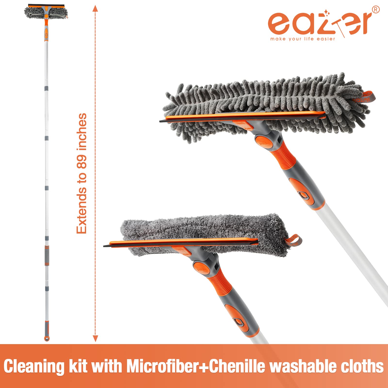 Eazer 89'' Squeegee Window Cleaner 2 in 1 Rotatable Window Cleaning Tool Kit with Extension Pole, Window Washing Equipment with Bendable Head for Indoor/Outdoor Window and Car Glass