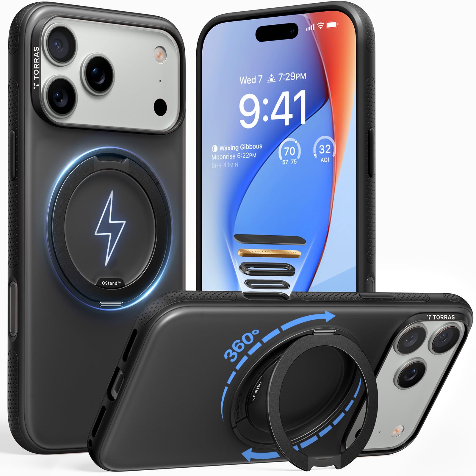 Photo 1 of TORRAS 360 Magnetic Stand for iPhone 17 Pro Case, [Fit for MagSafe] [Rotatable Ring Kickstand] [4X Mil-Grade Shockproof] Slim Phone Cover, Camera Button, Obsidian Black, Translucent, Ostand O3 Fitness