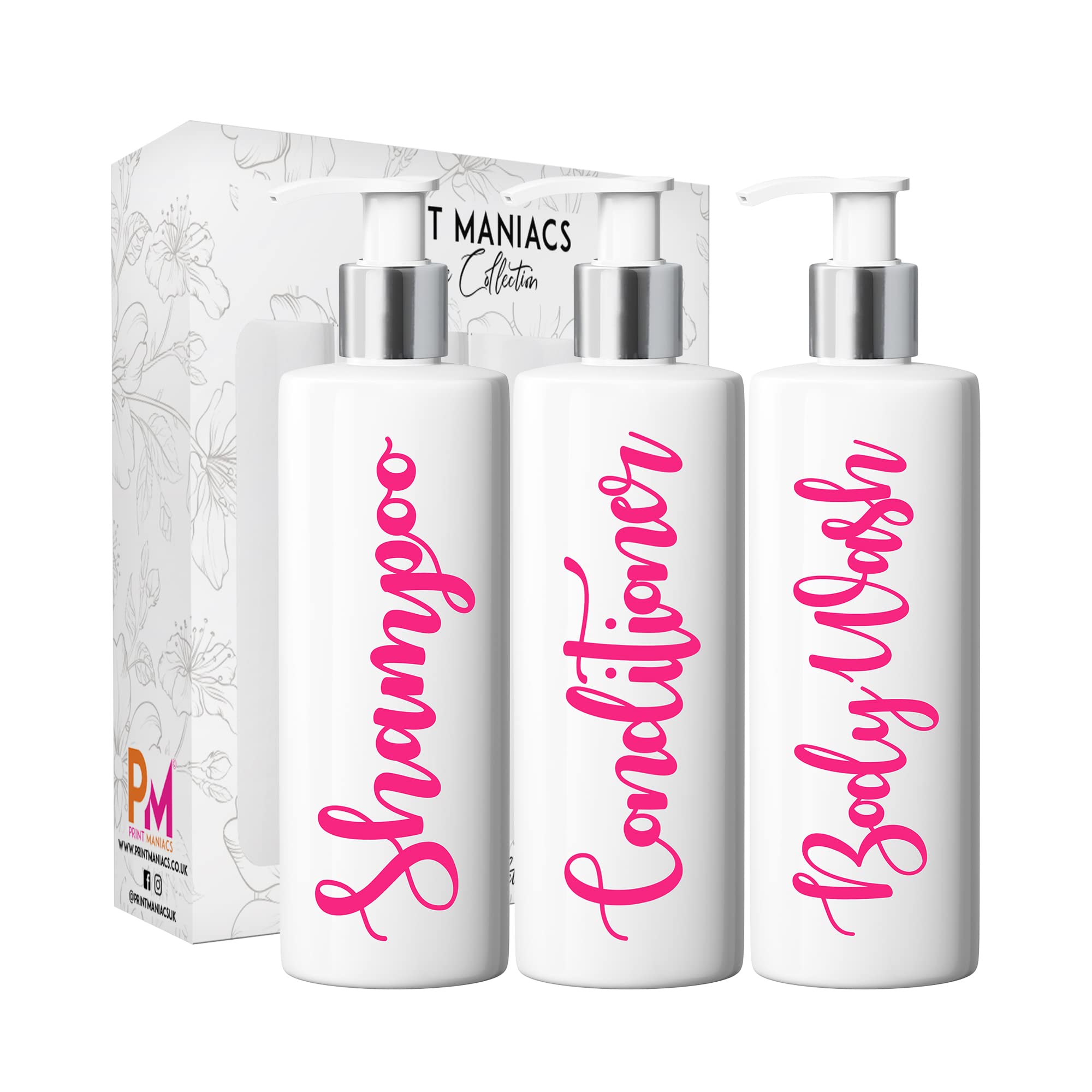 Print Maniacs 3 Set Mrs Hinch Inspired White Personalised Dispenser Pump Bottles Shampoo Conditioner Body Wash (Pink)