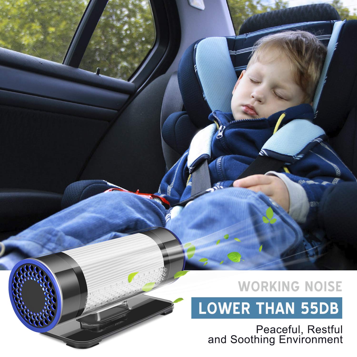 QUEENTY Car Air Purifier - True HEPA & Active Carbon Filter, Automotive Car Air Freshener for Allergies, Small Room, Home, Office, Remove Dust, Smoke, Pollen, Odors, Smell, With USB Cable, Car Charger