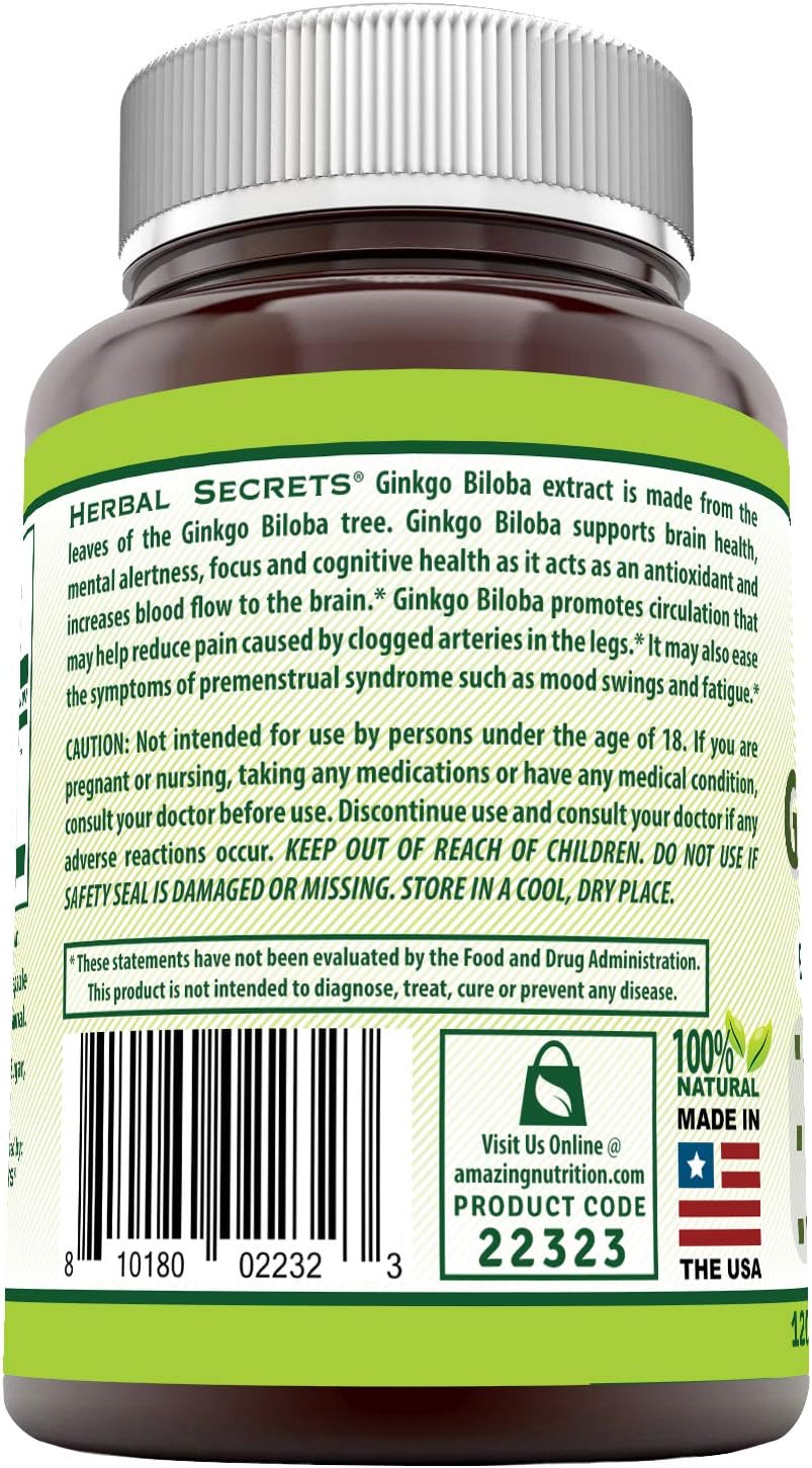 Herbal Secrets Ginkgo Biloba Supplement - 60 mg Ginkgo Leaf Extract (Standardized to Contain 24% Ginkgo Flavone Glycosides) in each Capsule - Memory Support & More - 120 Capsules Per Bottle: Health & Personal Care