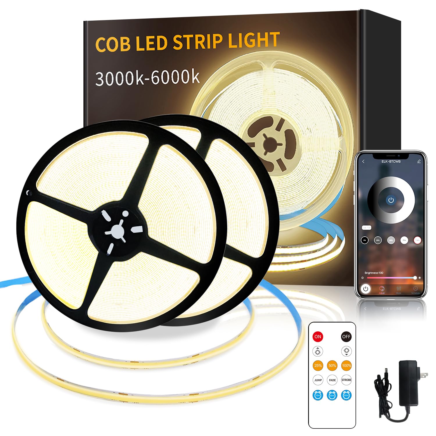 Photo 1 of Yeewhale COB LED Strip Lights 100ft,3000K DC 24V Dimmable Warm White Flexible LED Rope Lights for Bedroom,with Remote and app Control LED Lights Strip for Living Room, Shelf, Cabinet