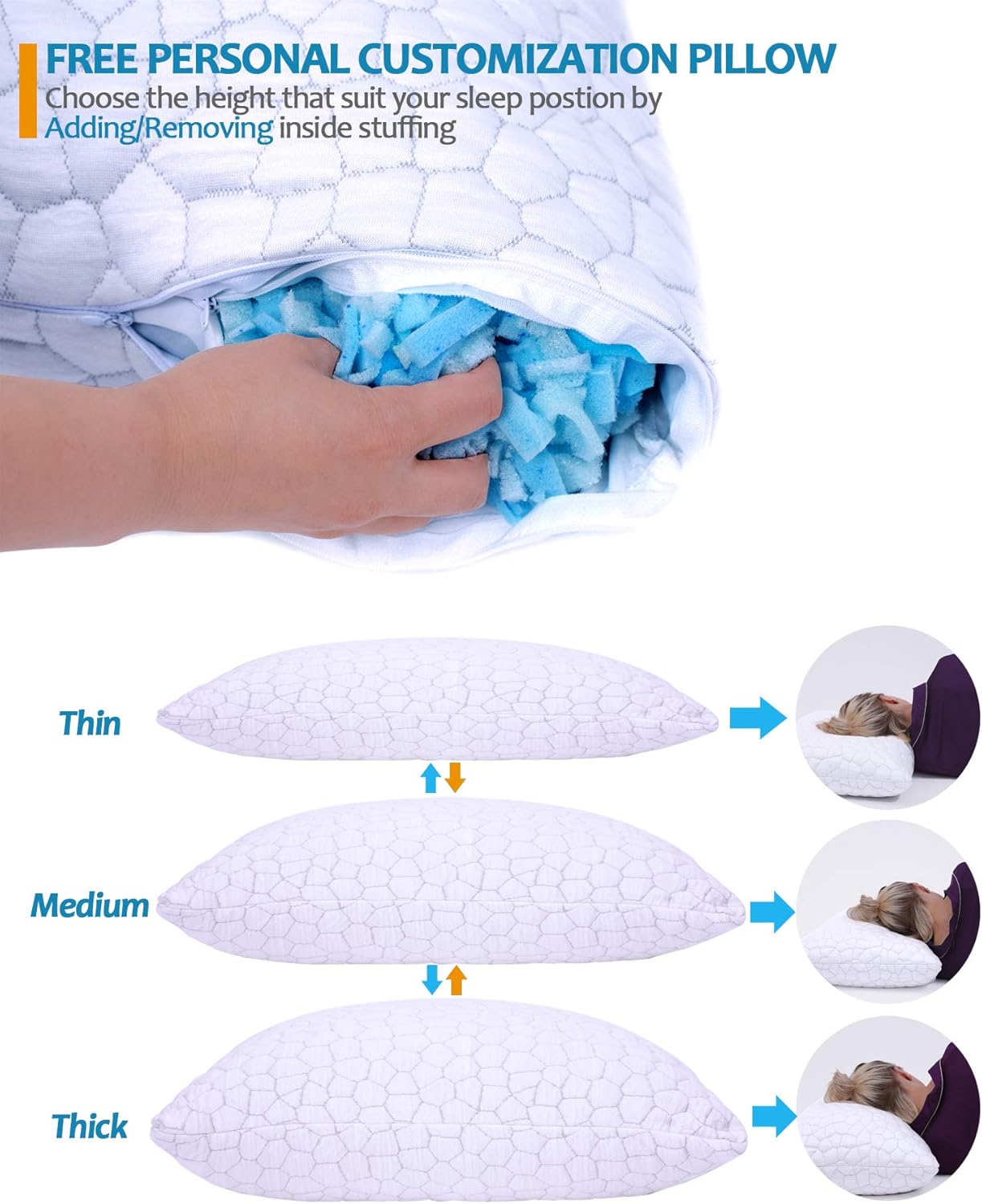2-Pack Cooling Bed Pillows for Sleeping - Adjustable Gel Shredded Memory Foam Pillow - Hypoallergenic Bamboo Pillows for Side Back Sleepers + Washable Removable Cover Queen Size: Home & Kitchen