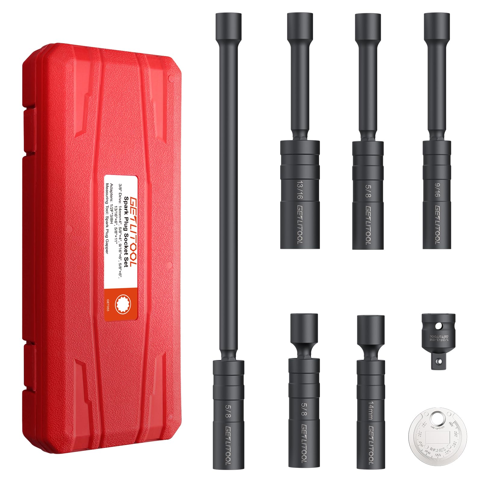 GETLITOOL 6PCS 3/8-Inch Drive Magnetic Swivel Spark Plug Socket Set, CR-V Spark Plug Socket with Size-marked for Repairing Car, 12 Point, Include 9/16-Inch, 5/8-Inch, 13/16-Inch, 14mm Socket