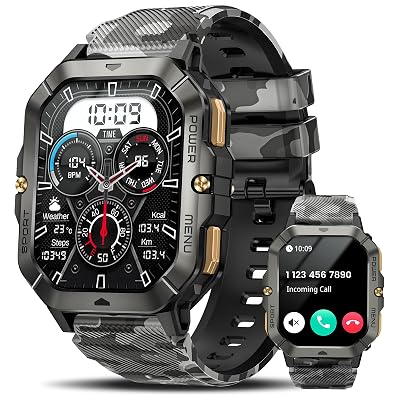 Military Smart Watches for Men (Answer/Make Calls), Watches for Men with Blood Pressure/Heart Rate/Sleep/100+ Sport Modes, 2.02'' Fitness Smart Watch, Waterproof Fitness Tracker for Android and iPhone