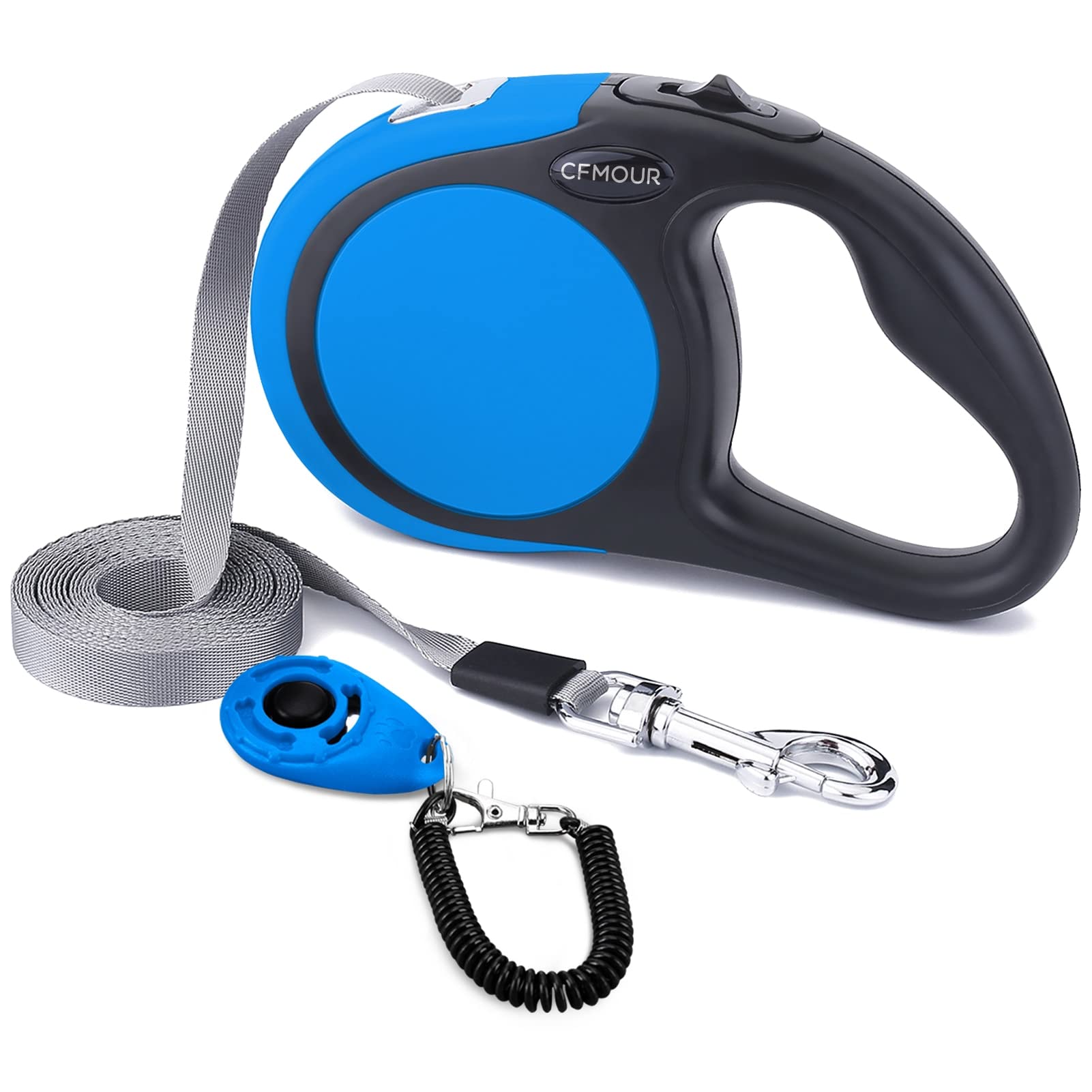 CFMOUR Retractable Dog Lead, 5m/20kg Blue Heavy-Duty Extendable Dog Leads for Small to Medium Dogs; Strong Nylon Tape Ribbon Leash, One-Button Brake&Lock, Bonus Training Clicker