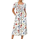 LOVESHOOT Size M Womens Summer Midi Dress 2026 Casual Short Sleeve A Line Dress with Pockets Evening Wedding Guest Work Floral 01 White