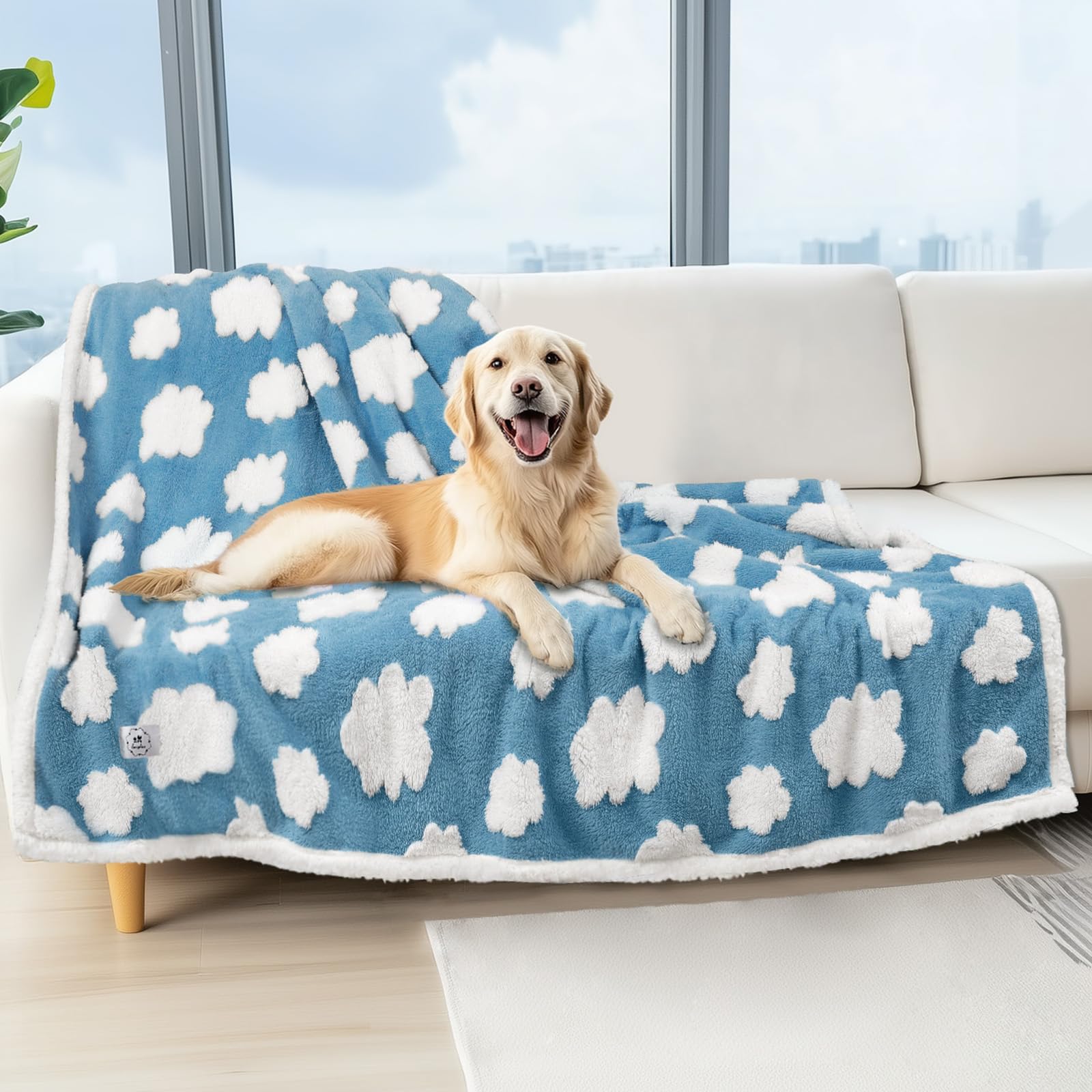 Photo 1 of Luciphia Waterproof Pet Blanket for Medium Large Dogs Washable Fluffy Thick Jacquard Shag Fleece Warm Sherpa 3D Textured Flower Print for Cats Puppy Couch Protection (Blue Cloud,67x57 inches)